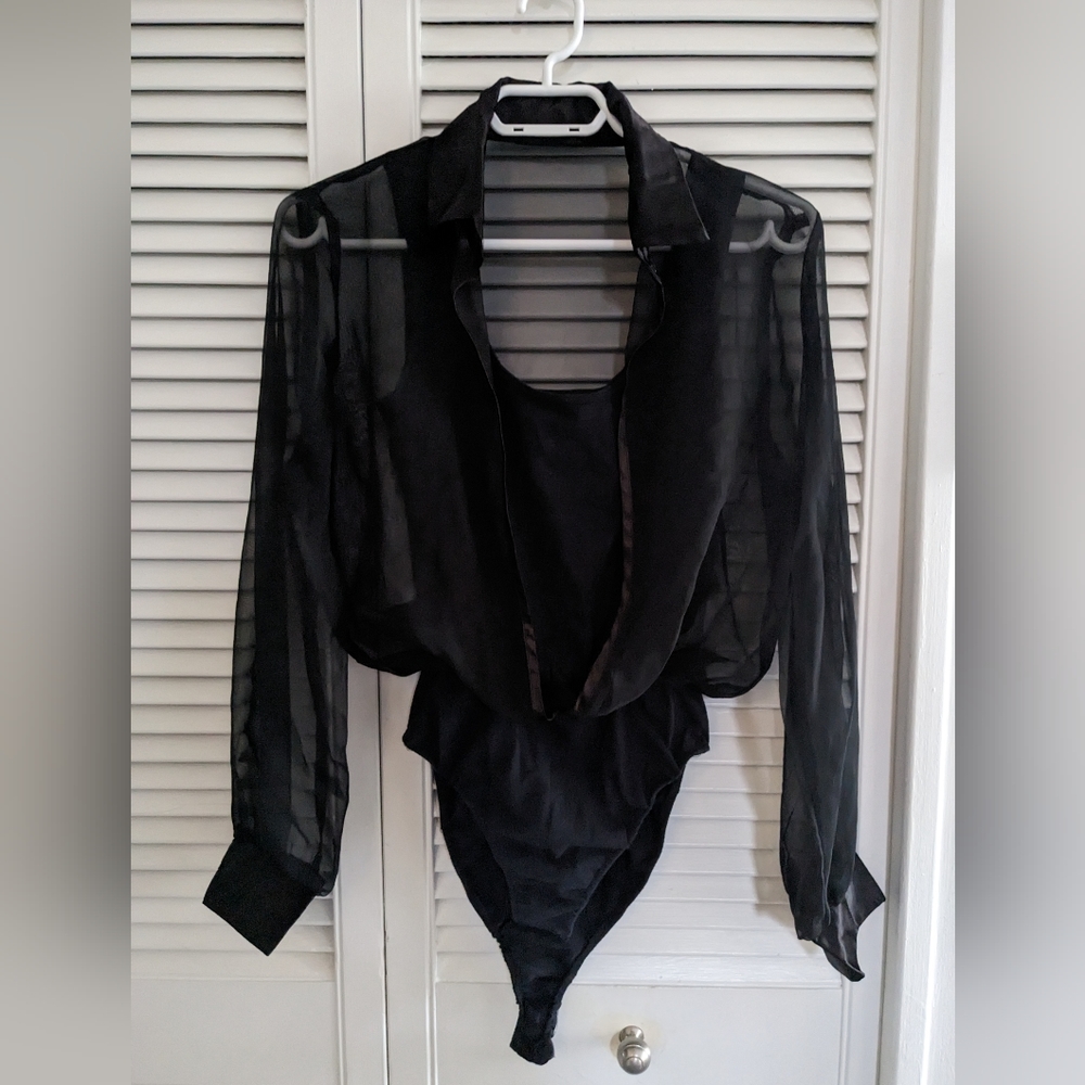 Vintage Cristina Black Bodysuit with Sheer Sleeves and Satin Collar